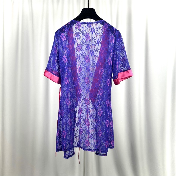 Vintage Purple Lace Wrap Robe Pink Satin Trim 80s Lingerie - Picture 16 of 16